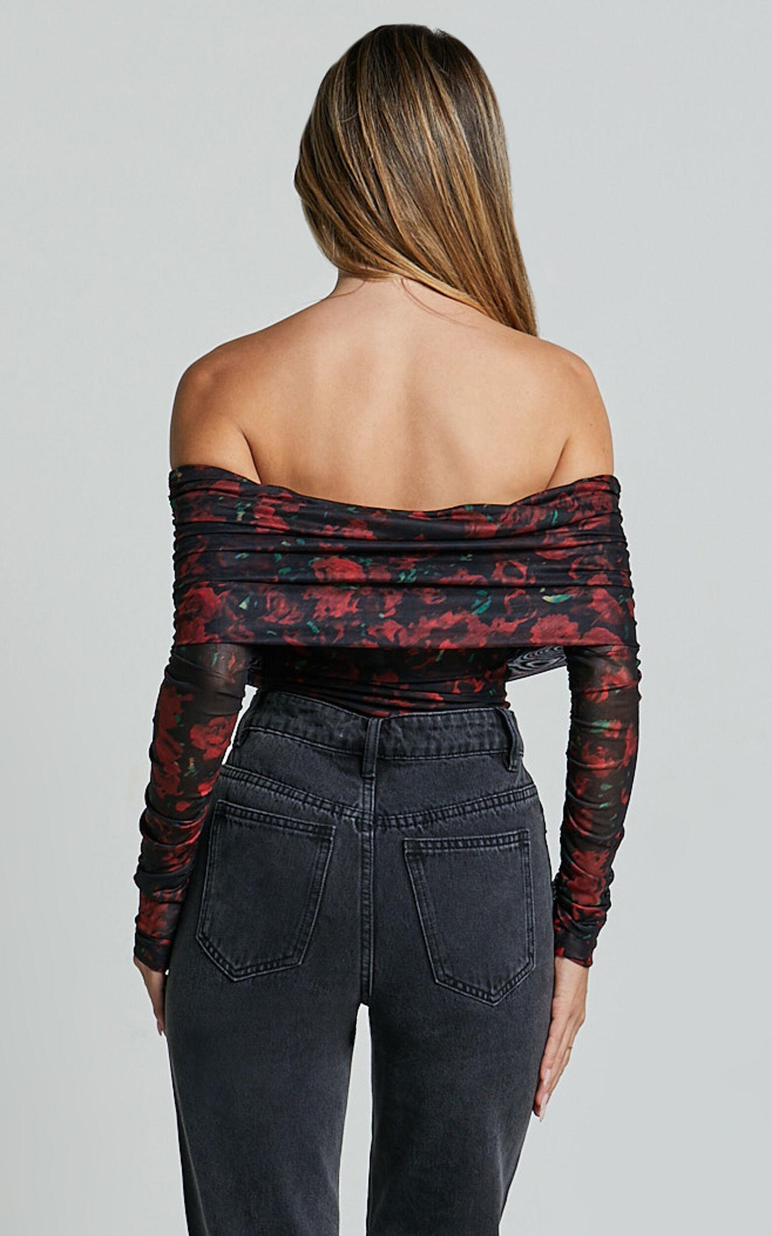 Jaythen Bodysuit - Long Sleeve Off Shoulder Ruched Mesh Bodysuit in Red Rose Product Image