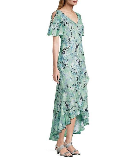 Alex Evenings Chiffon V-Neck Short Sleeve Tulip Overlay High-Low Hem Fit and Flare Midi Dress Product Image