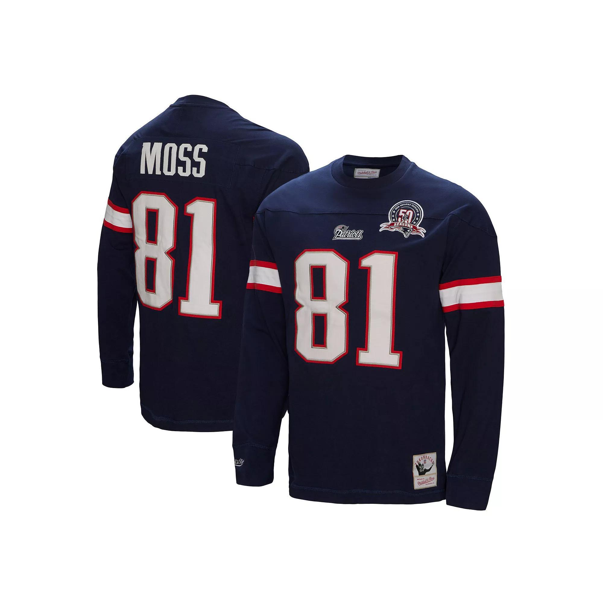 Men's Mitchell & Ness Randy Moss Navy New England Patriots Retired Player Name & Number Long Sleeve Top, Size: 2XL, Blue Product Image