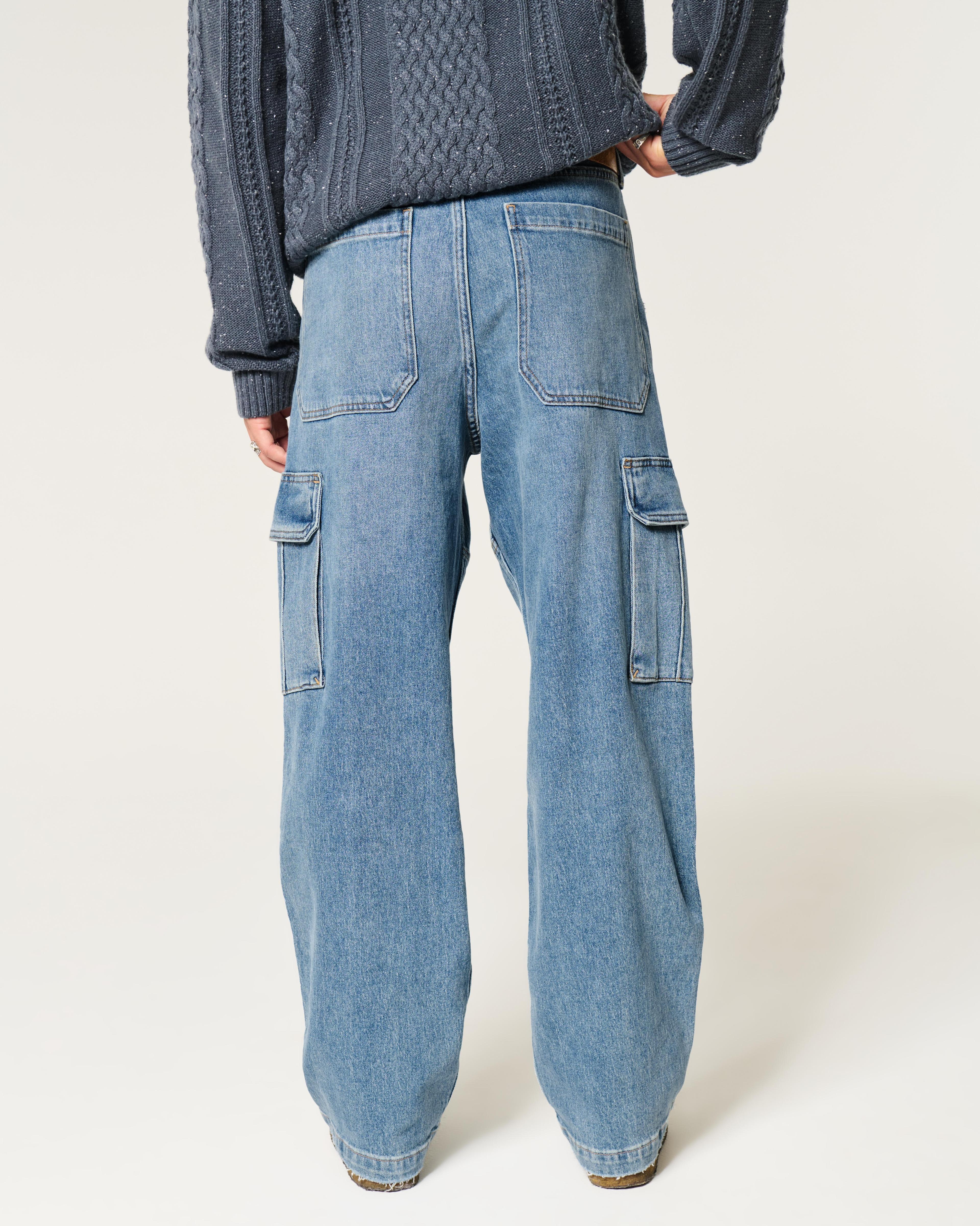 Medium Wash Baggy Cargo Jeans Product Image