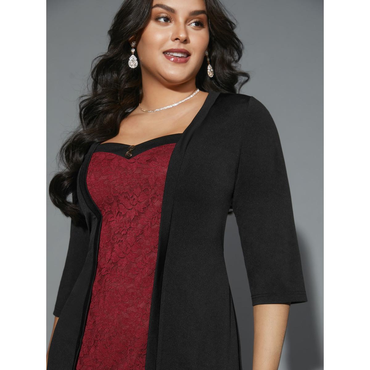 Plus Size Lace Heart Neckline Pocket Midi Dress Black Women Cocktail Texture Party Curvy Bloomchic 10/M Product Image