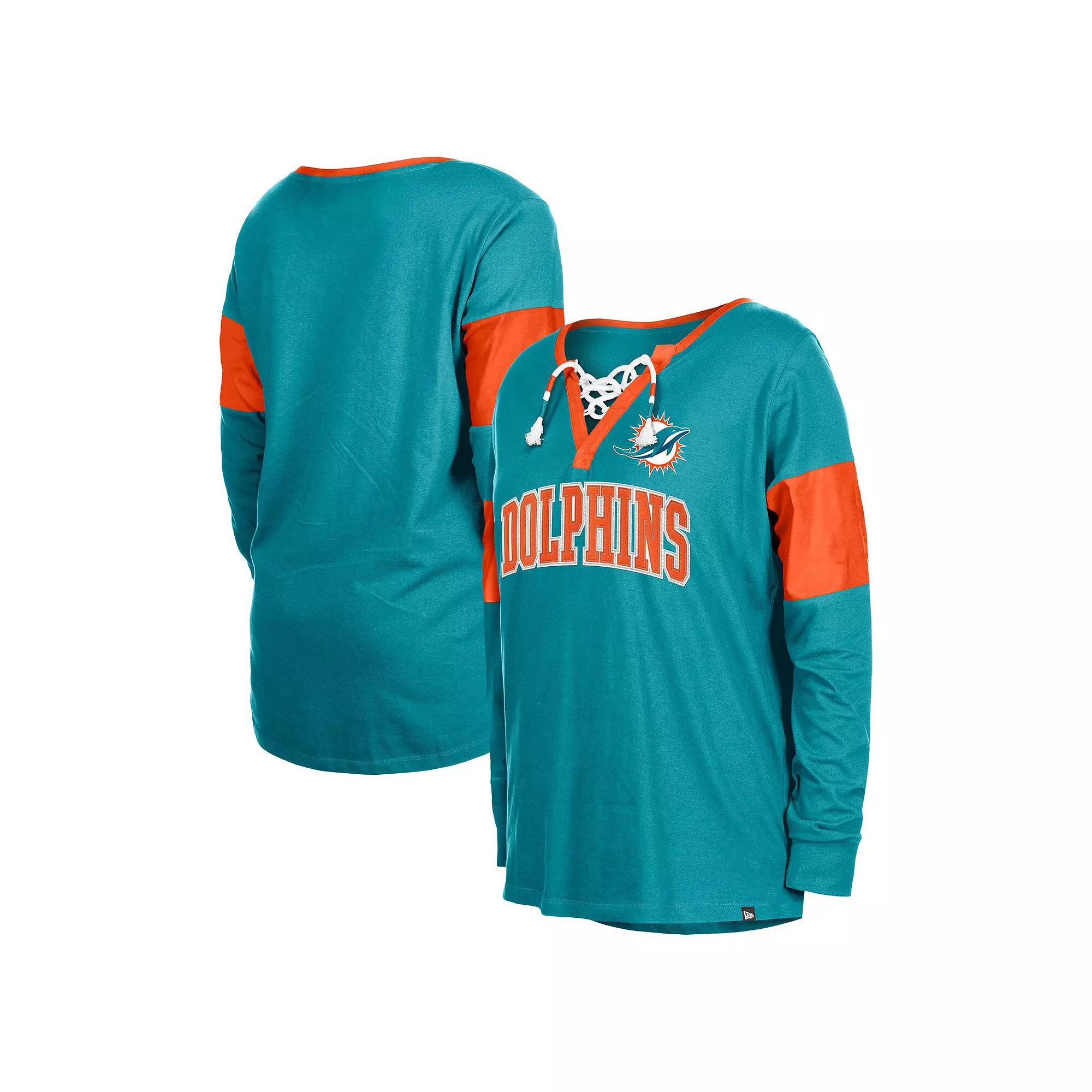 Women's New Era Aqua Miami Dolphins Lace-Up Notch-Neck Long Sleeve T-Shirt,  Product Image