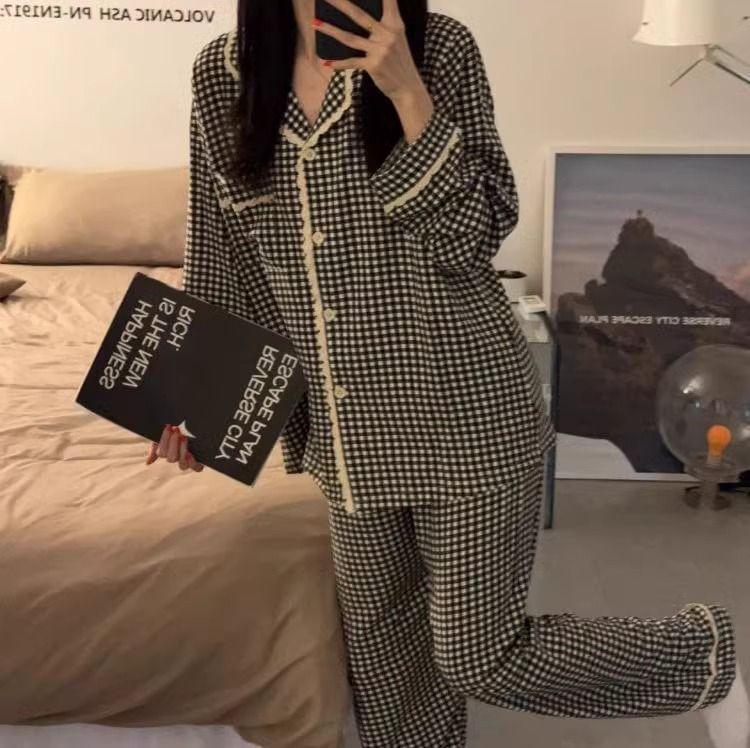 Pajama Set: Gingham Lace Trim Shirt + Pants Product Image