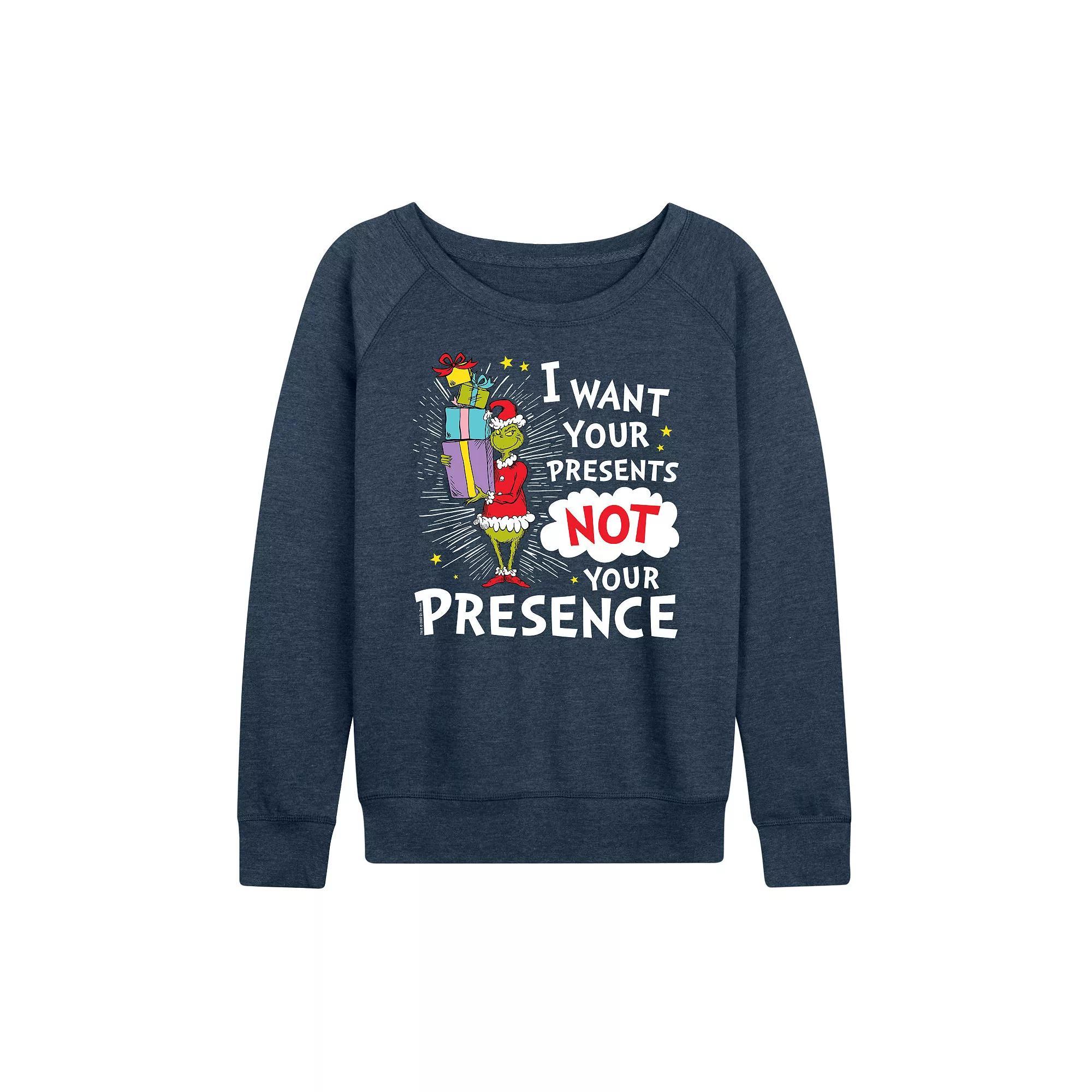 Women's Dr. Seuss The Grinch Presents Not Presence French Terry Long Sleeve Tee, Girl's, Size: Large, Grey Indigo Product Image