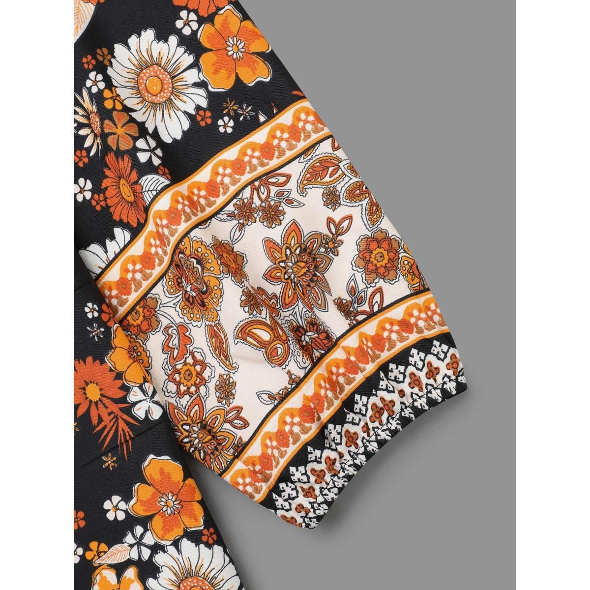 Plus Size Black Boho Print Tie Knot Lantern Sleeve Blouse Women Resort Long Sleeve Notched collar Vacation Blouses BloomChic 28/5X Product Image