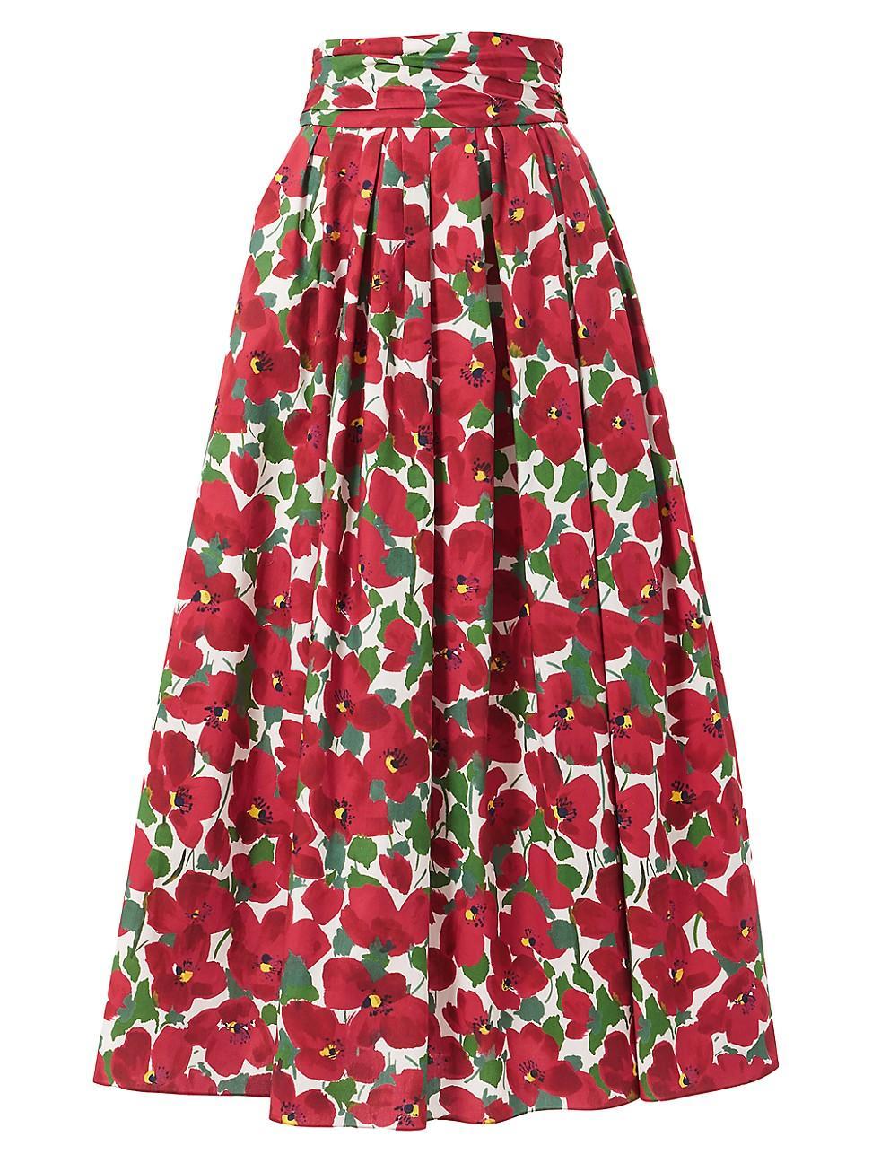 Womens Floral Stretch-Cotton Midi-Skirt Product Image