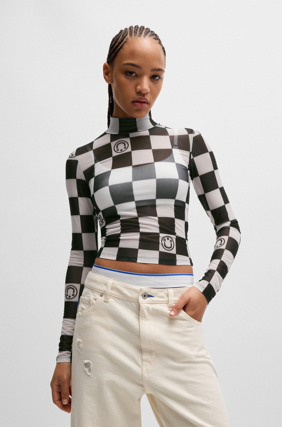 Cropped long-sleeved top in checkerboard-print stretch mesh Product Image