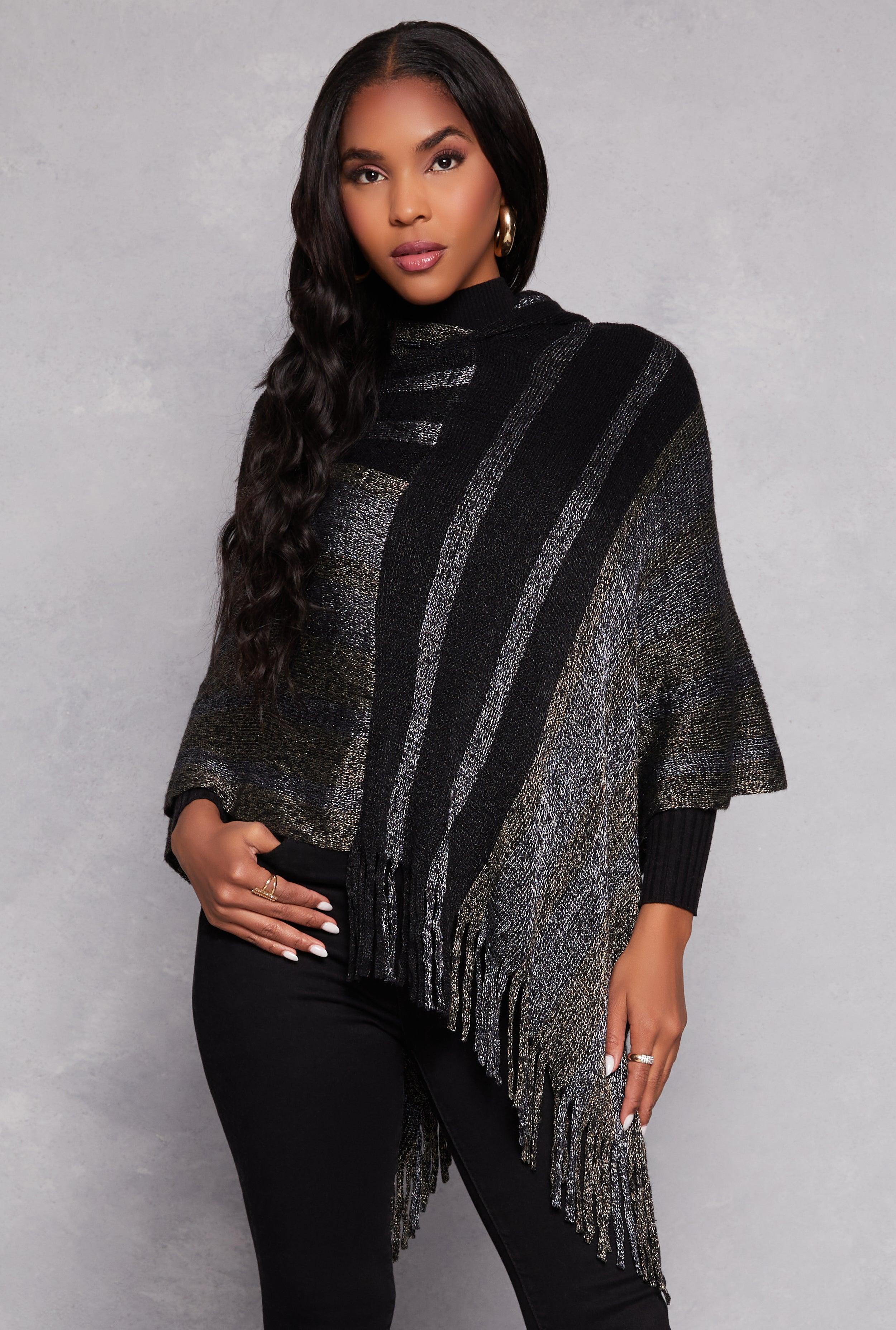 Womens Brushed Knit Striped Detail Hooded Poncho Product Image