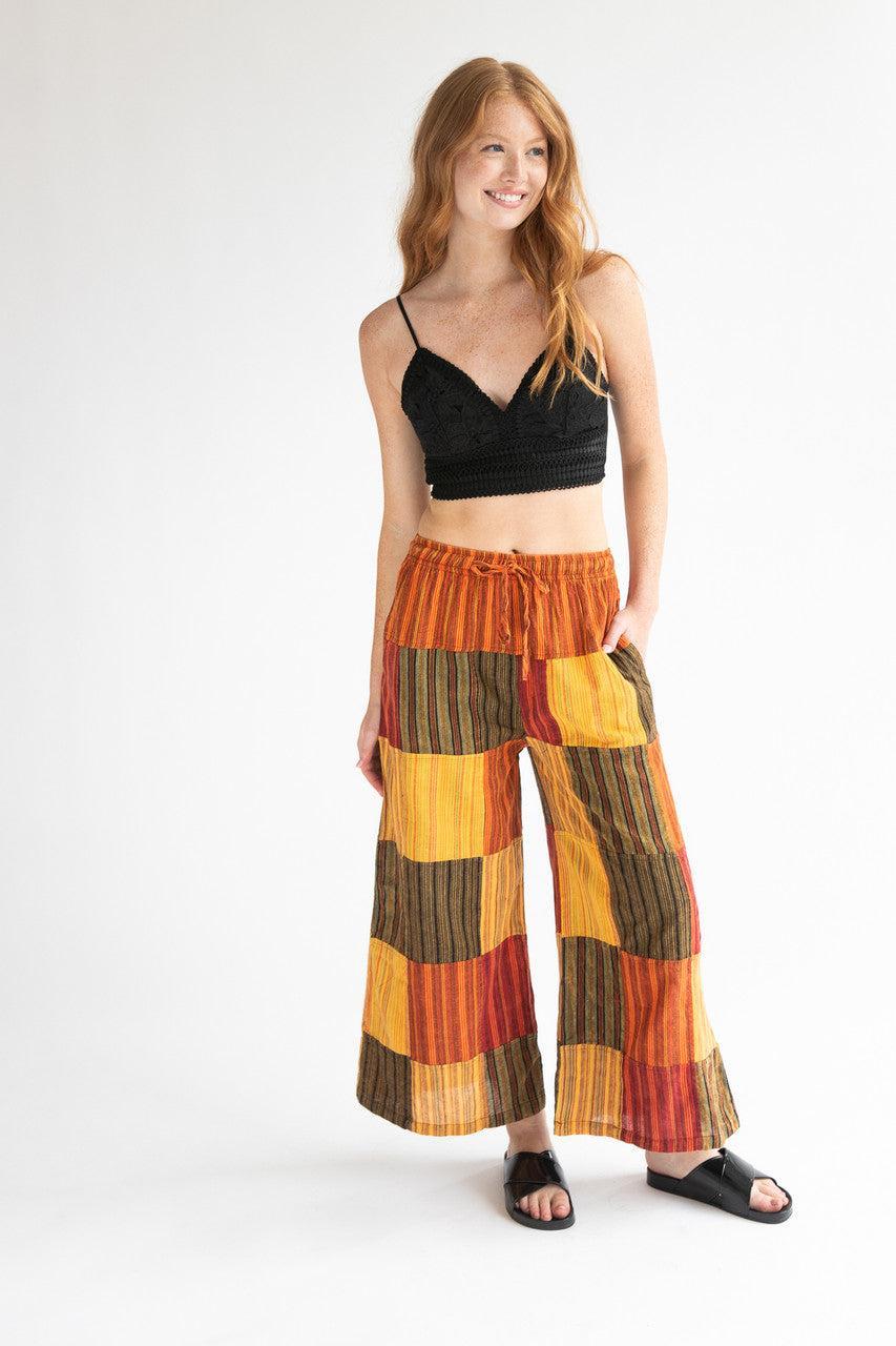 Orange Striped Wide Leg Patchwork Pants Product Image