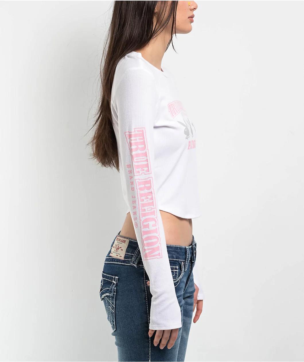 True Religion x Playboy Logo White Long Sleeve Crop T-Shirt Product Image