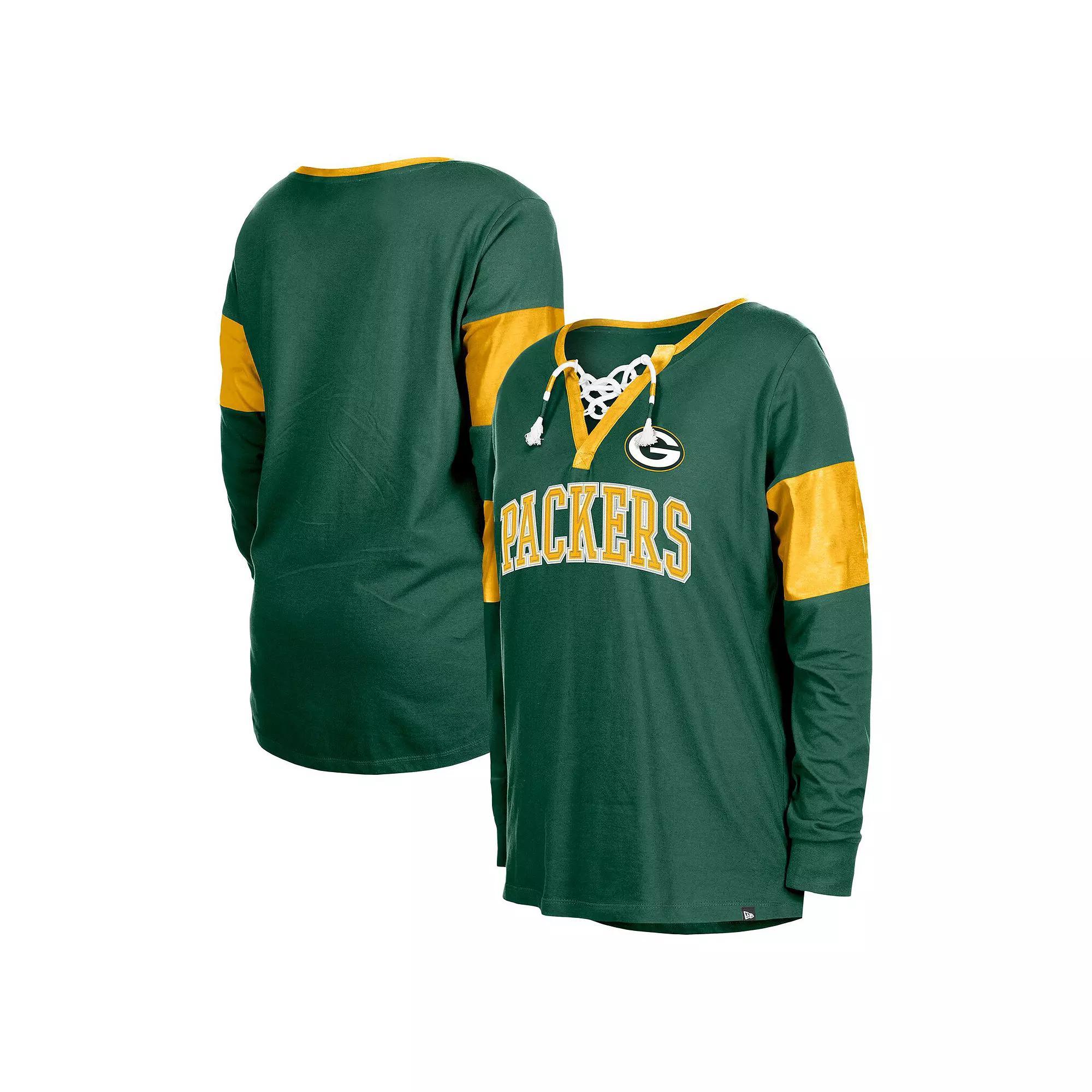 Women's New Era Green Green Bay Packers Lace-Up Notch-Neck Long Sleeve T-Shirt,  Product Image