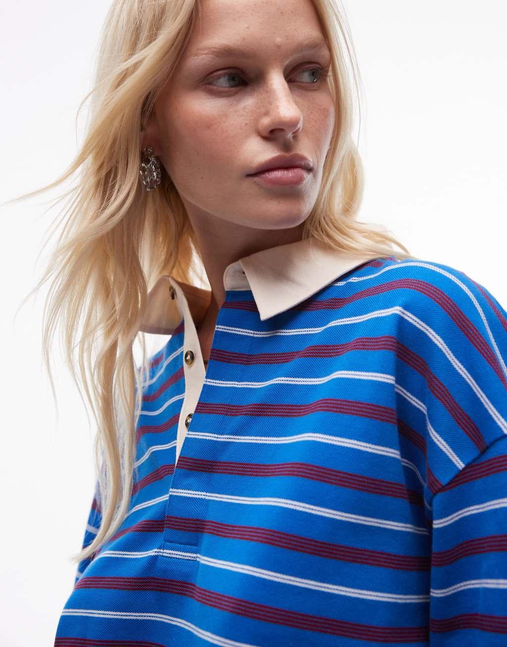 Topshop stripe long sleeve polo in blue Product Image