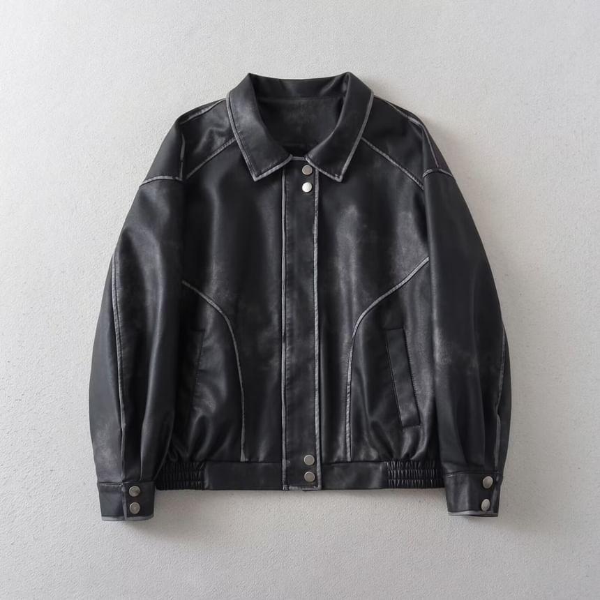 Washed Faux Leather Zip Jacket Product Image