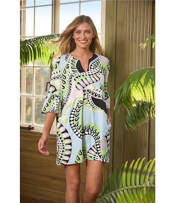 Jude Connally Kerry Mod Kaleidoscope Pool Print Split V-Neck 3/4 Bell Sleeve Knit Shift Dress Product Image