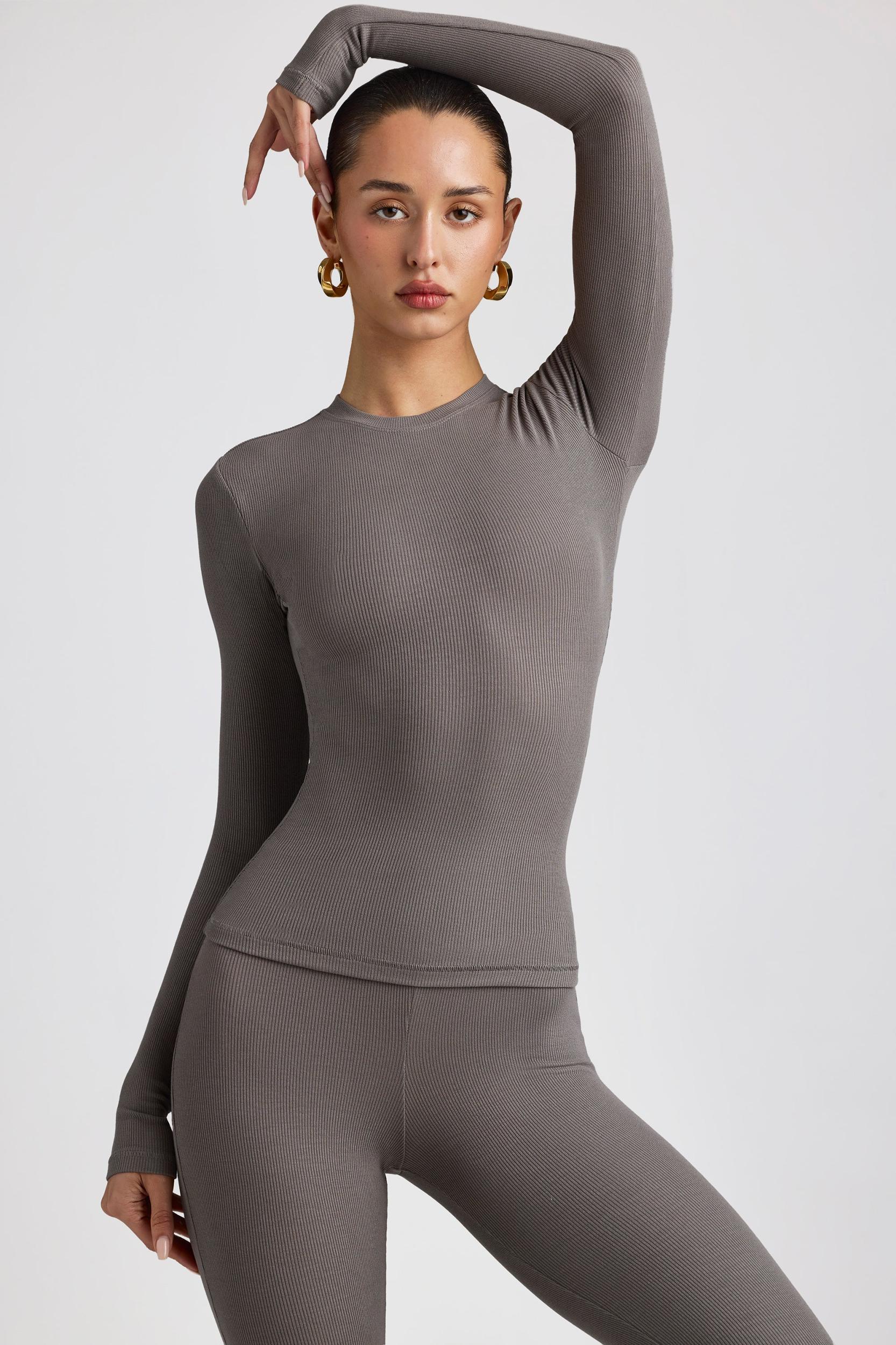 Ribbed Modal Crew Neck Top in Grey Product Image