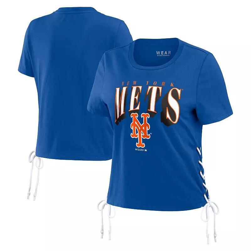 Women's WEAR by Erin Andrews Royal New York Mets Side Lace-Up Cropped T-Shirt, Size: Medium, Blue Product Image
