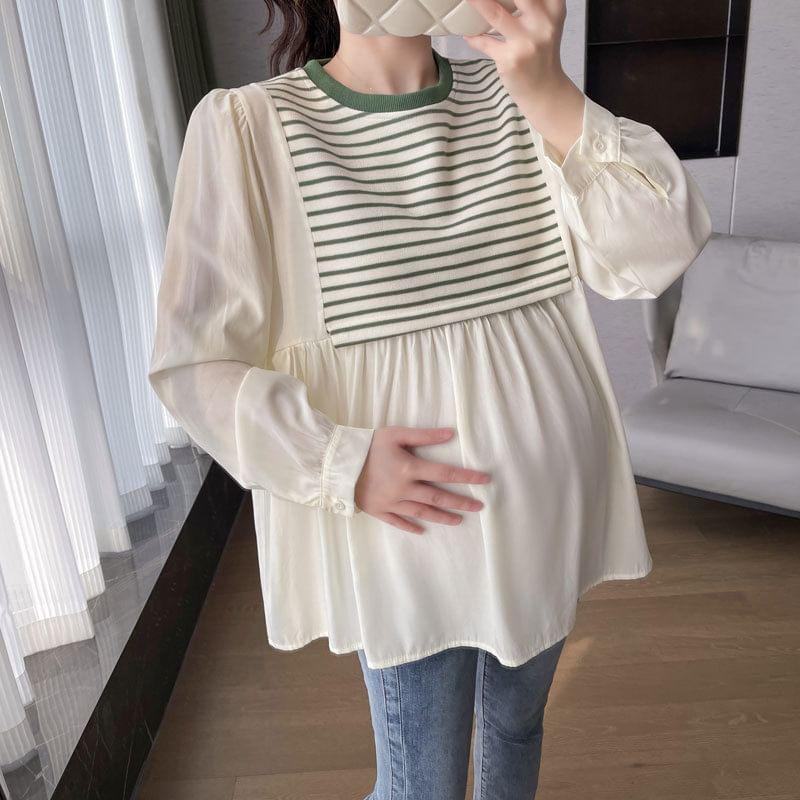 Maternity Long Sleeve Round Neck Striped Panel Blouse Product Image