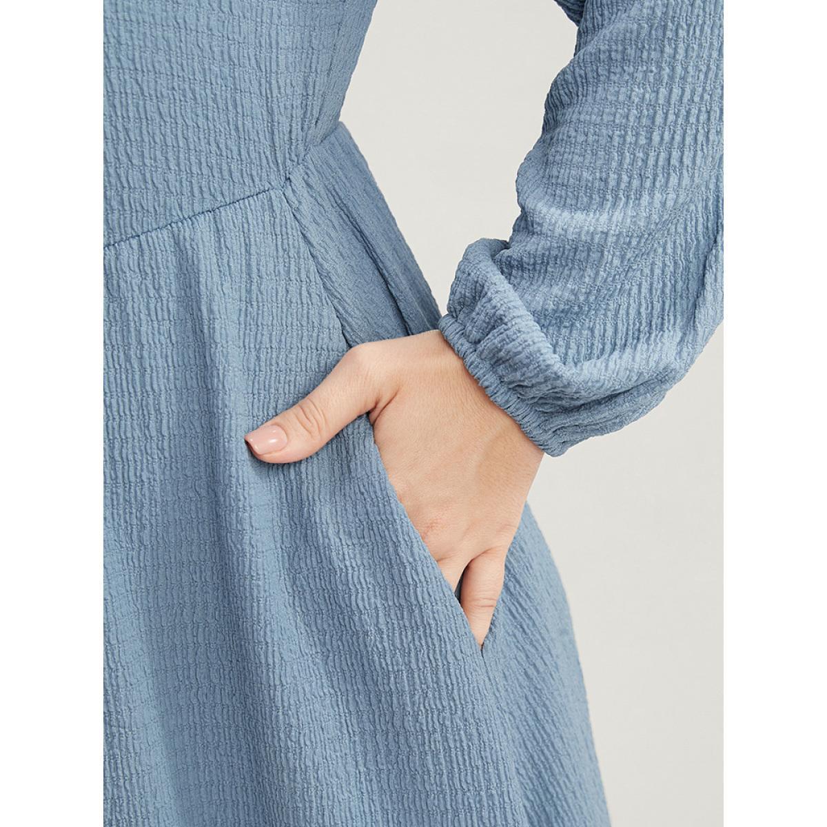Plus Size Solid Textured Notched Pocket Lantern Sleeve Ruffle Hem Dress LightBlue Women Elegant Pocket V-neck Elbow-length sleeve Curvy Midi Dress BloomChic 22-24/3X Product Image
