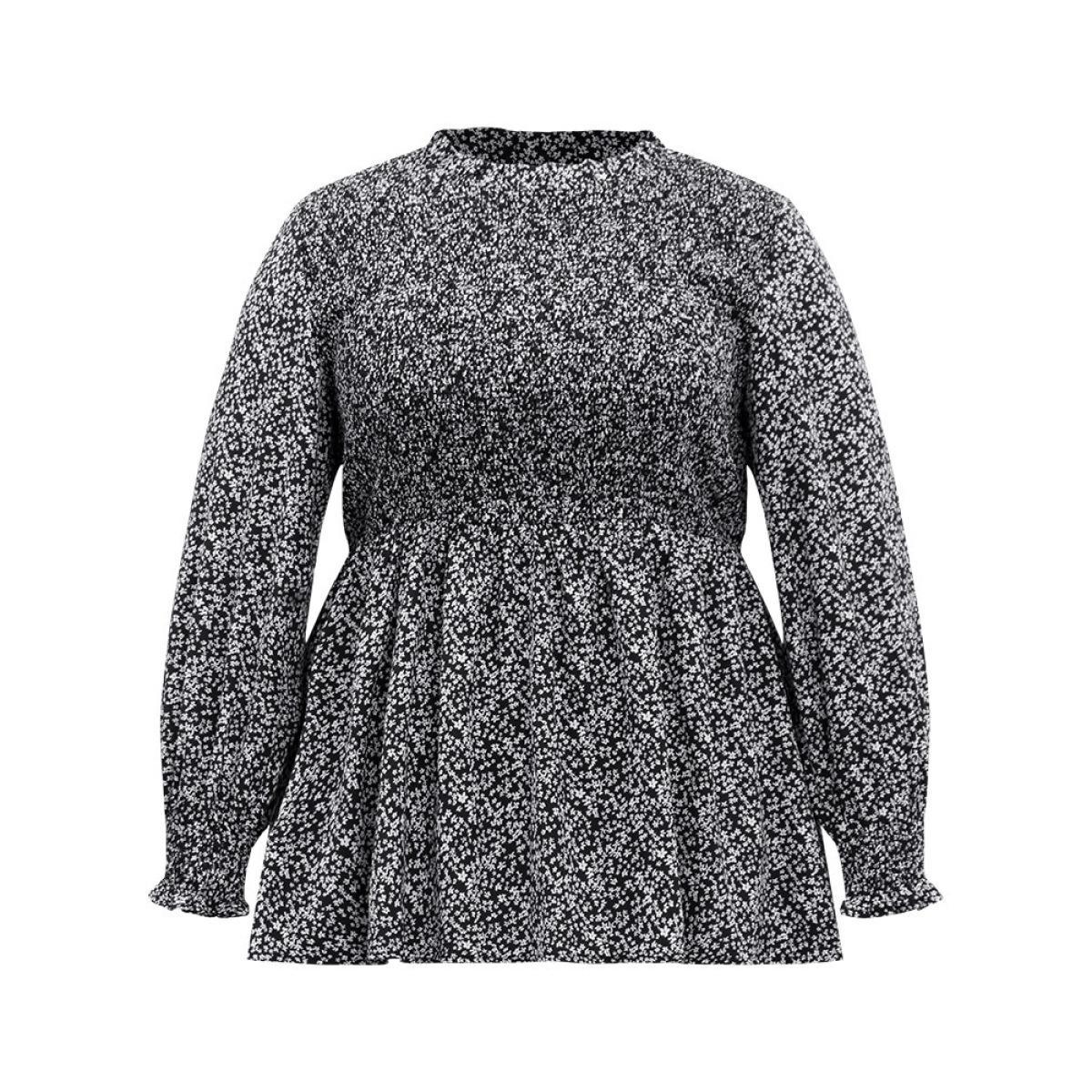 Plus Size Black Ditsy Floral Stand Collar Shirred Frill Trim Blouse Women Elegant Long Sleeve Stand-up collar Dailywear Blouses BloomChic 10/M Product Image