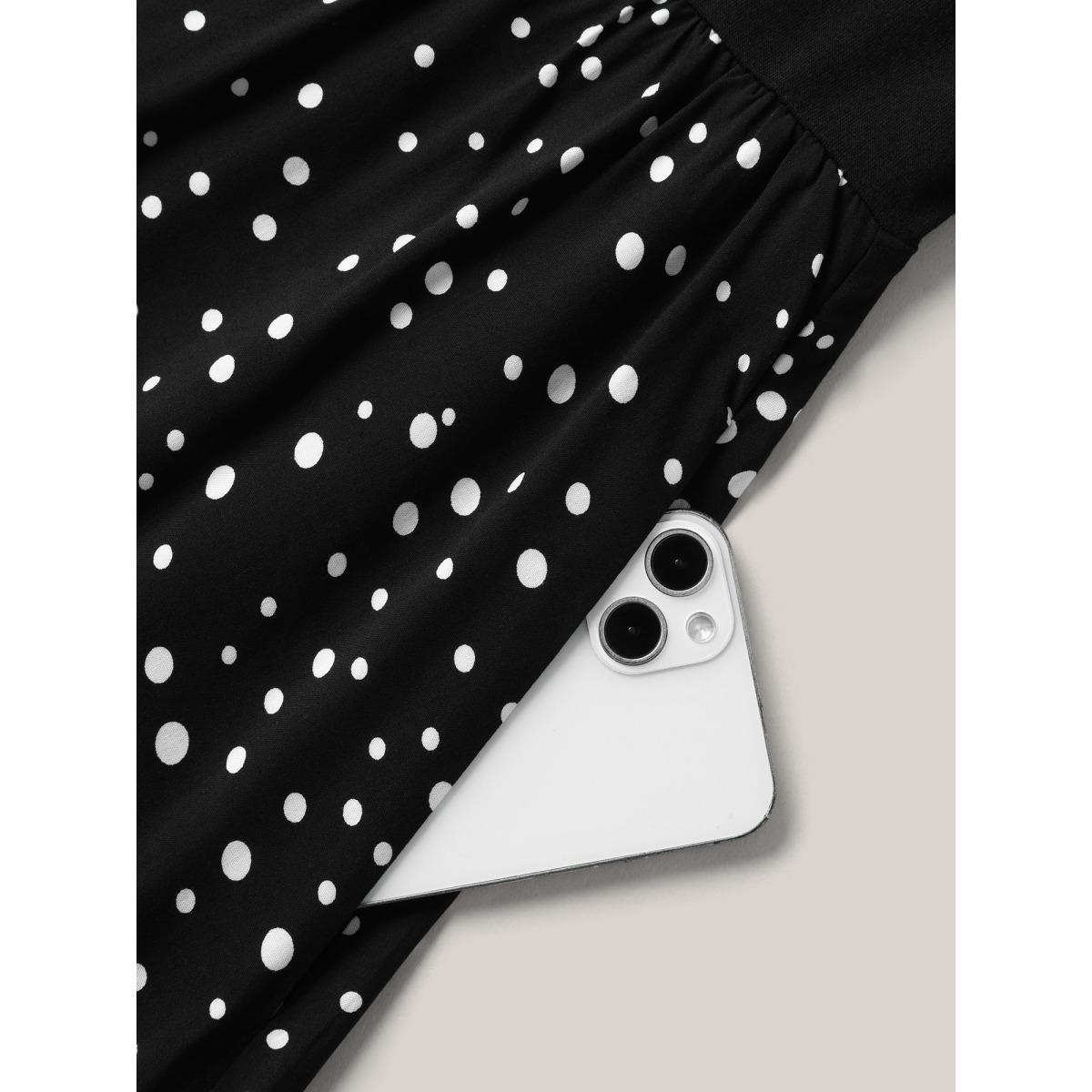 Plus Size Color Contrast Shoulder Button Sleeve Midi Dress Black Women Button Heart neckline Short sleeve Curvy BloomChic 12/L Product Image