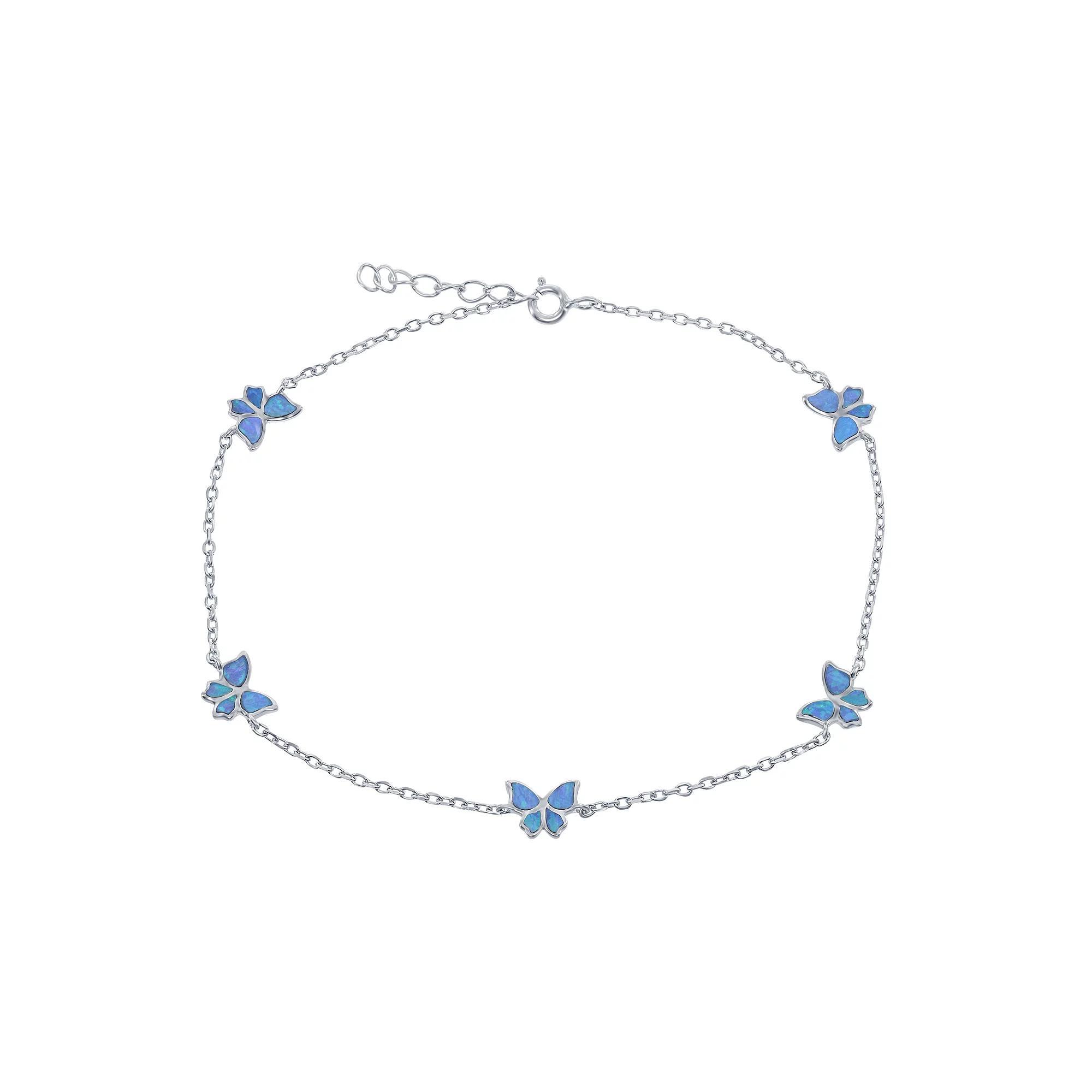 Sterling Silver & Lab-Created Opal Butterfly Pendants Anklet, Womens Blue Product Image