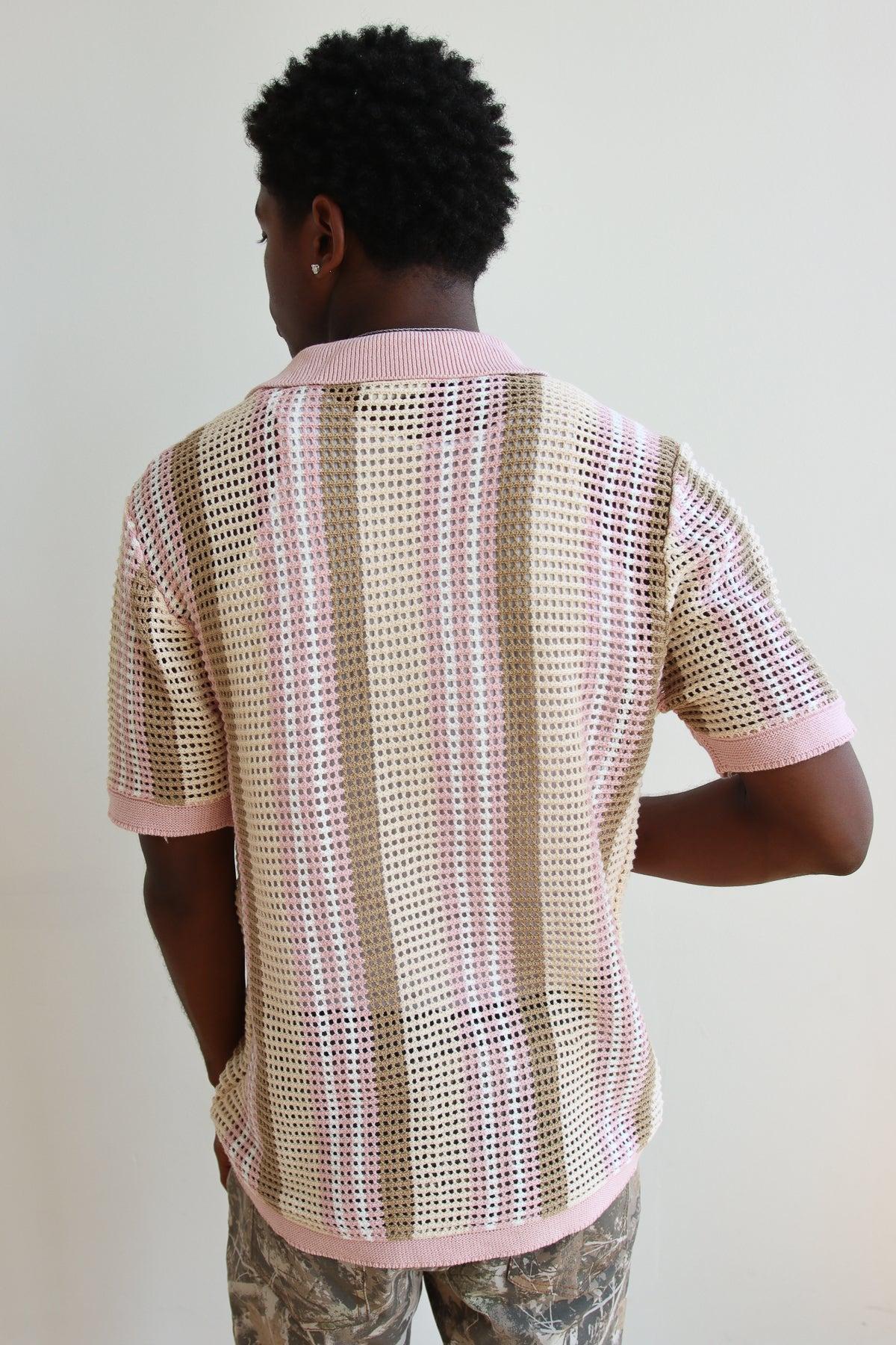 Striped Knit Mesh Button Up Shirt Product Image