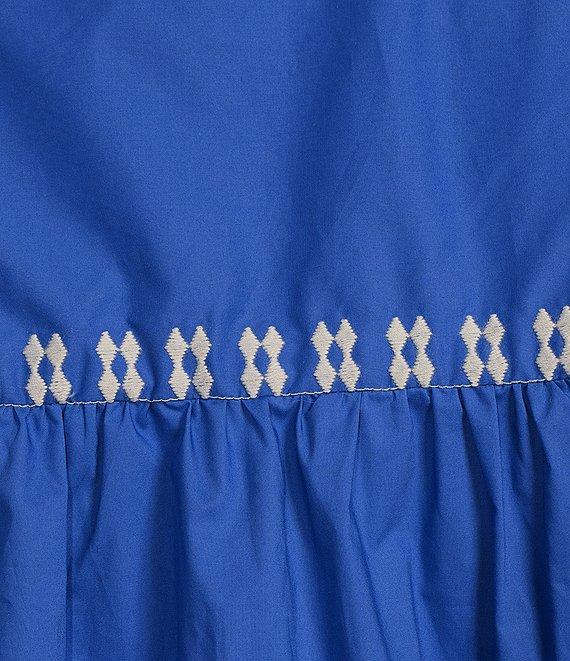 Calessa Plus Size Woven Embroidered Split V-Neck 3/4 Sleeve Button-Front Tunic Product Image