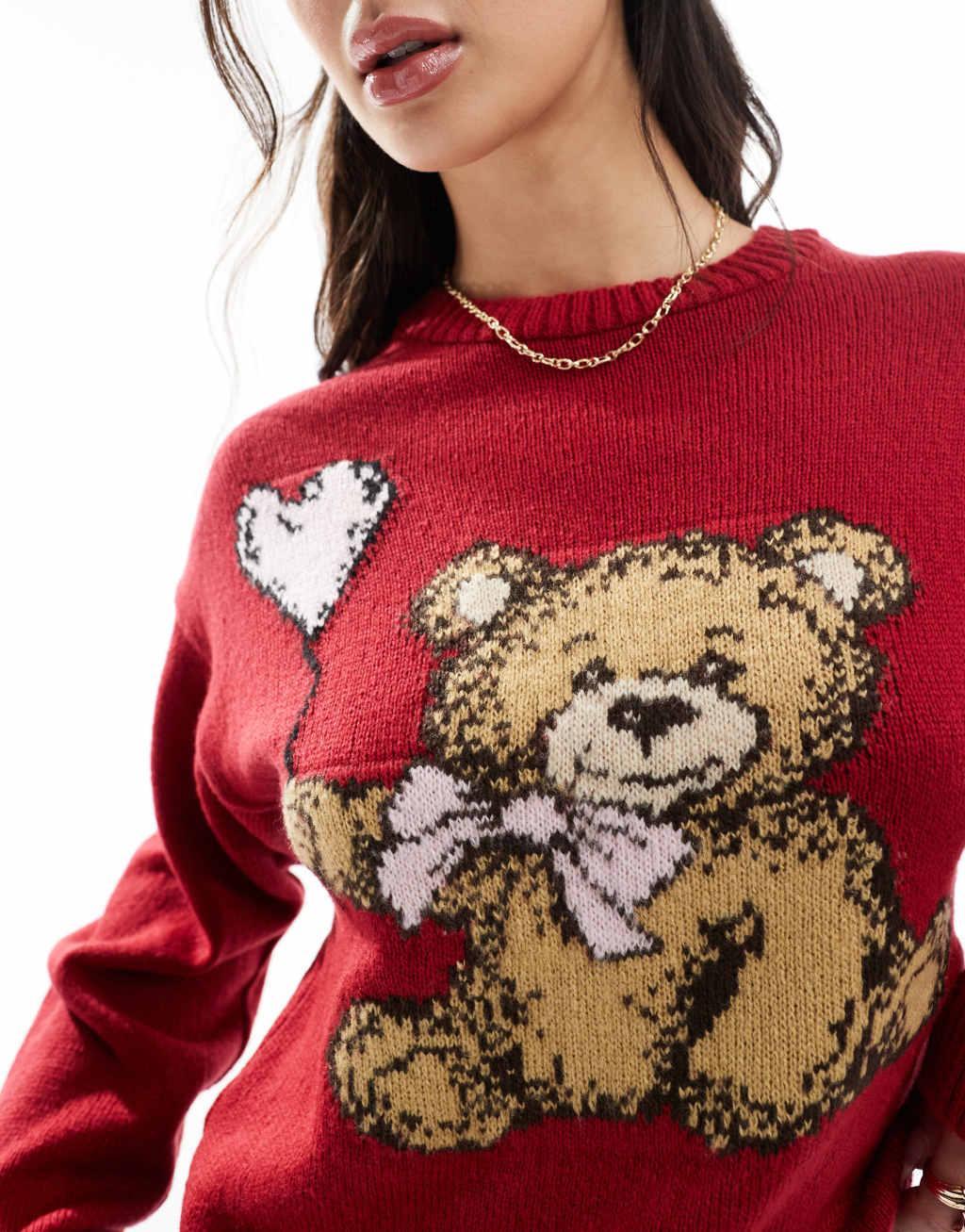 Miss Selfridge teddy bow knit sweater in red Product Image