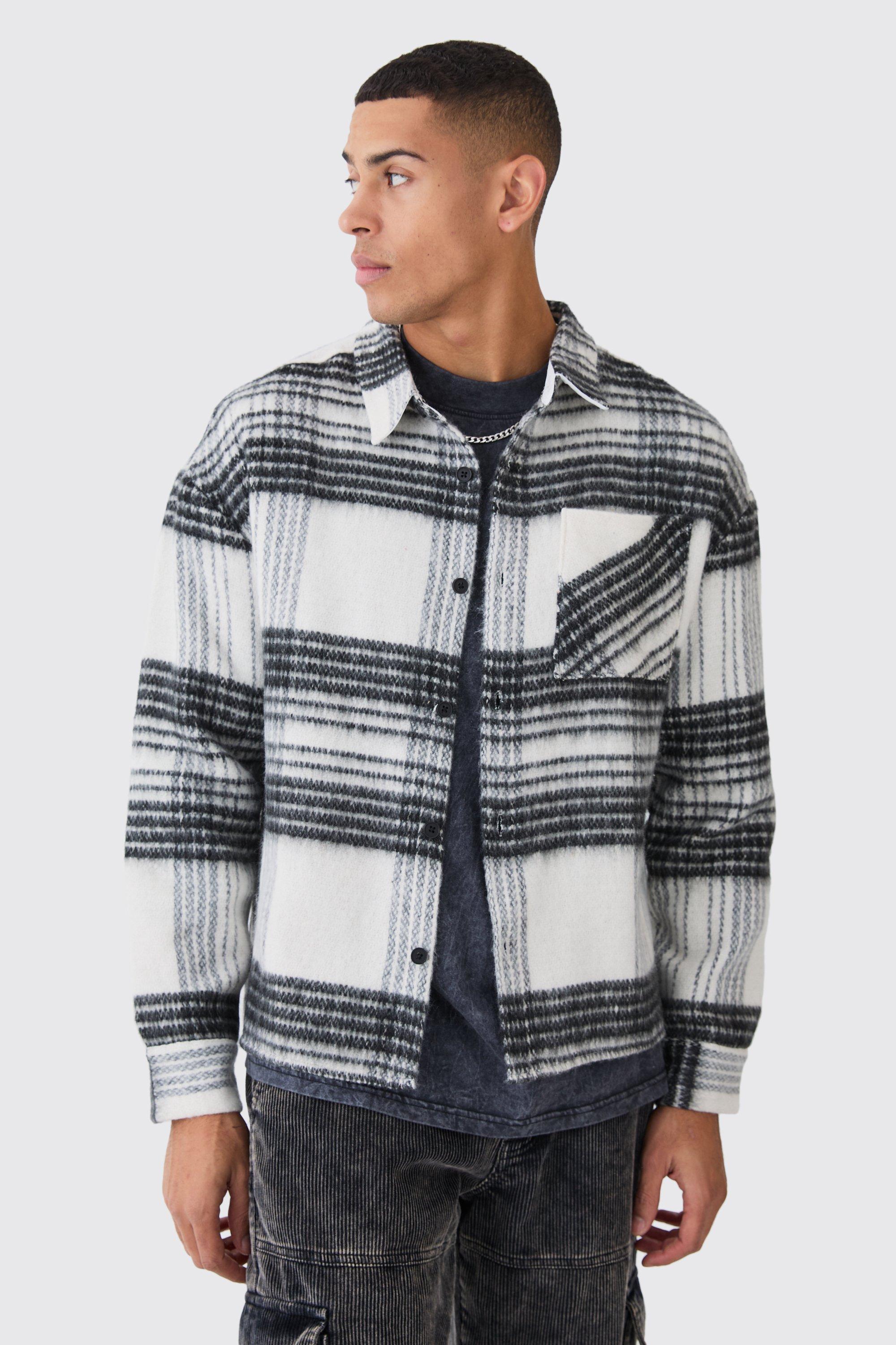 Mens White Extreme Heavy Brushed Check Boxy Overshirt, White Product Image