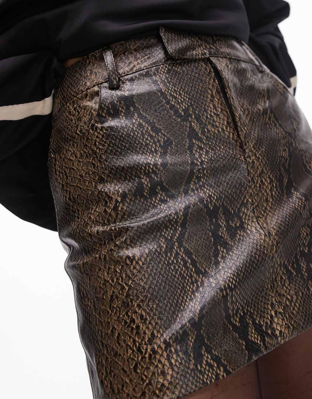 Mango leather look snake print mini skirt in brown Product Image