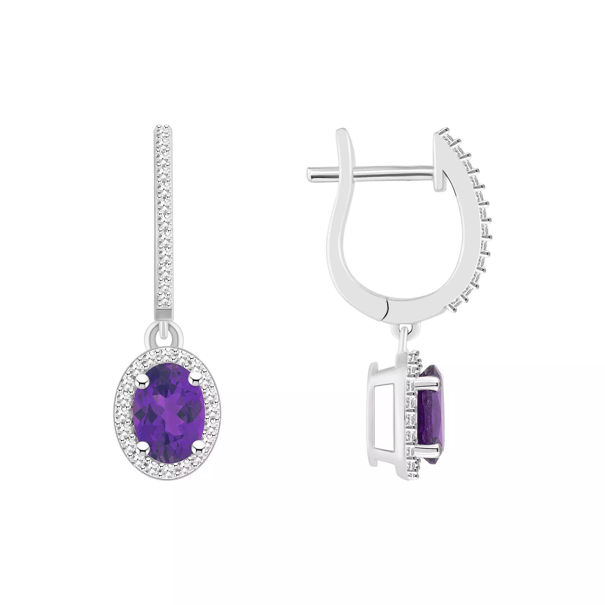 Celebration Gems Sterling Silver Oval-Cut Amethyst & 1/3 Carat T.W. Diamond Hoop Drop Earrings, Women's Product Image