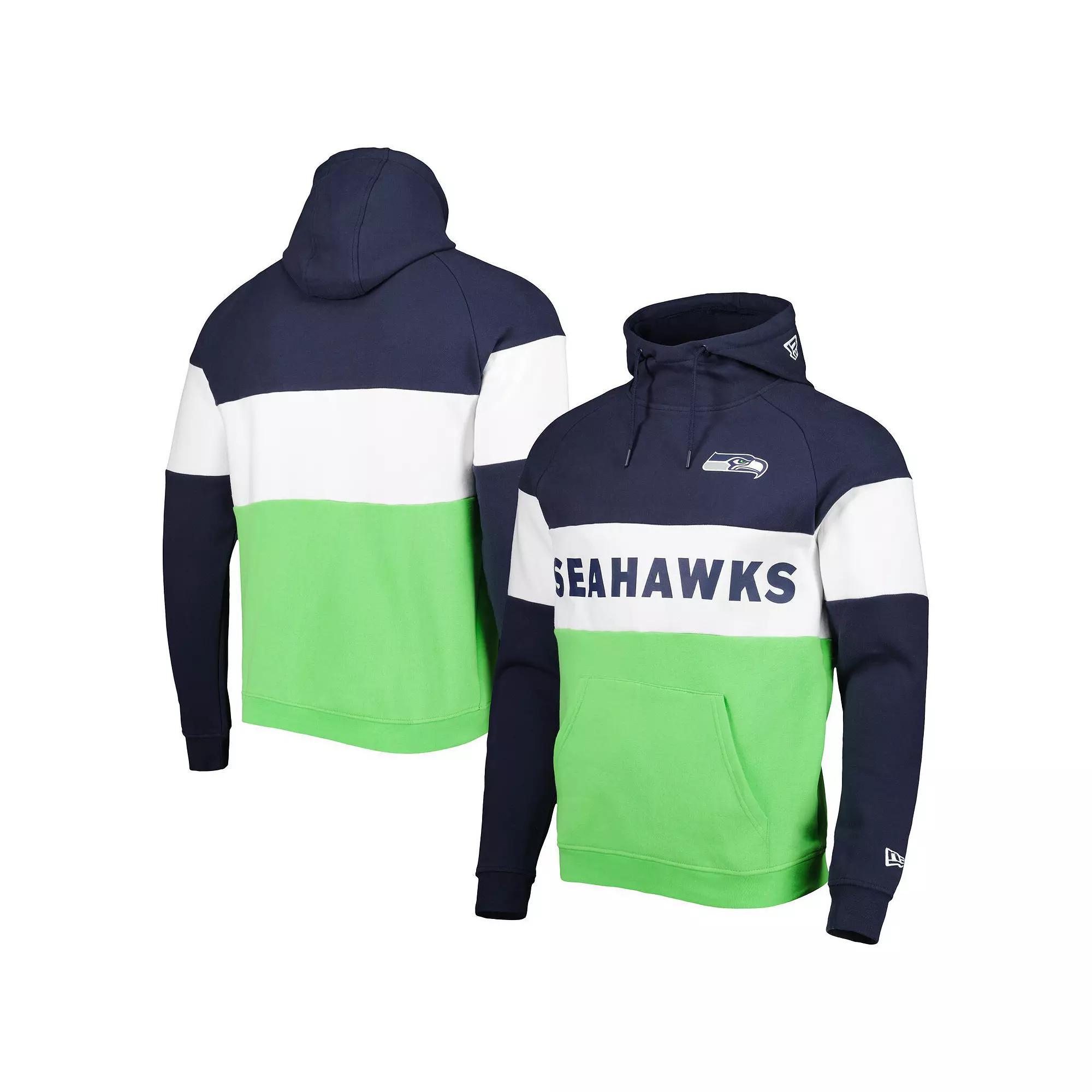 Men's New Era Neon Green/College Navy Seattle Seahawks Colorblock Current Pullover Hoodie,  Product Image