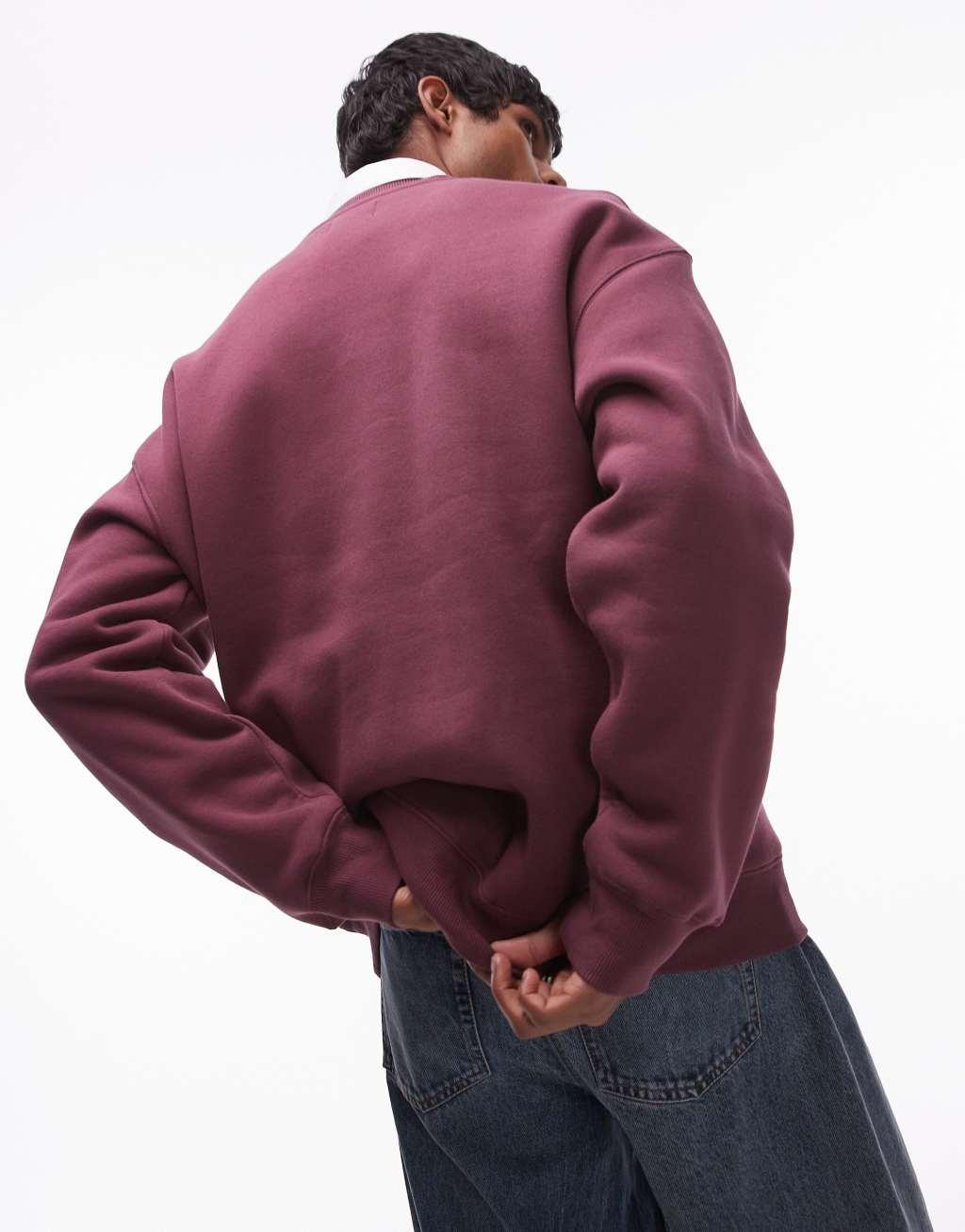 Topman oversized fit sweatshirt with Austin chenille embroidery in burgundy Product Image