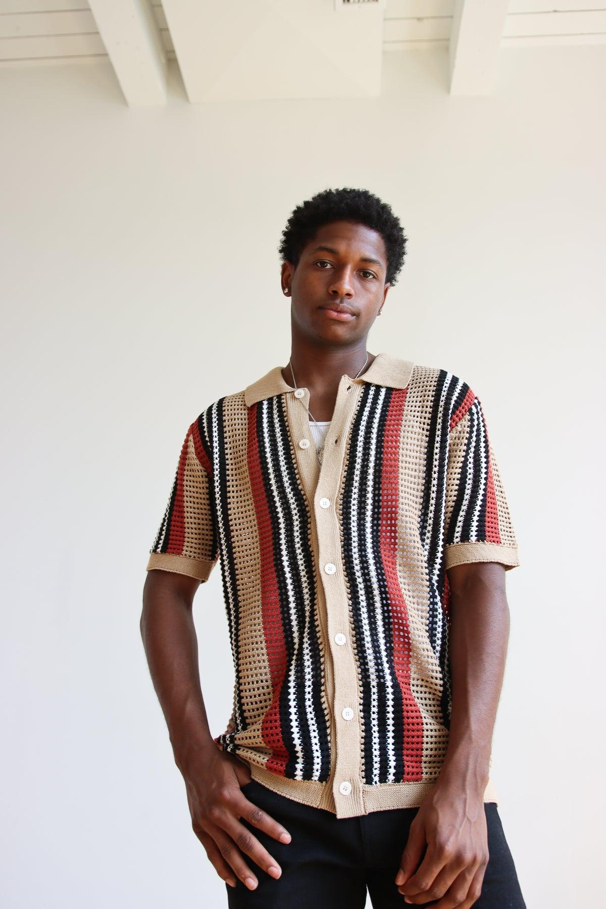 Striped Knit Mesh Button Up Shirt Product Image