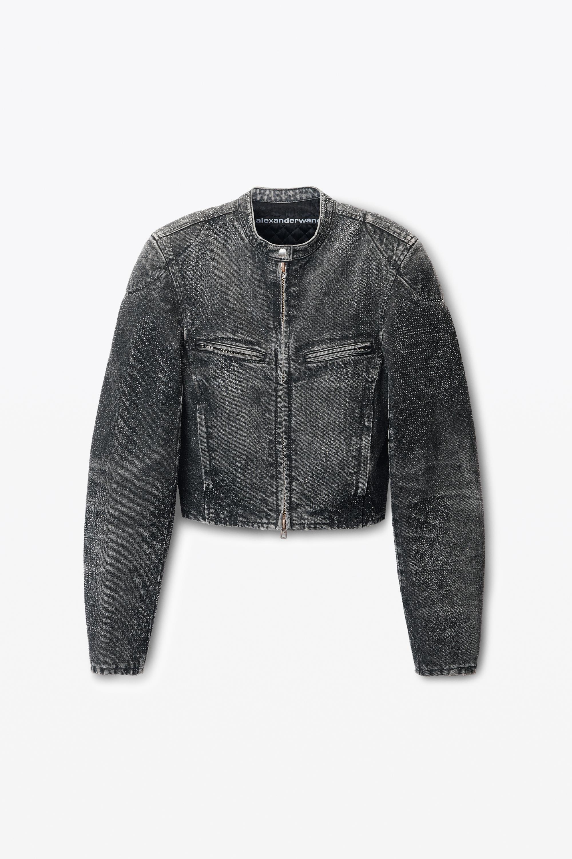 Clear Crystal Hotfix Moto Jacket In Crackle Grey Wash Denim Product Image