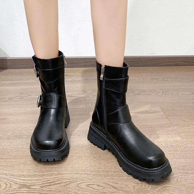 Faux Leather Buckled Platform Short Boots Product Image