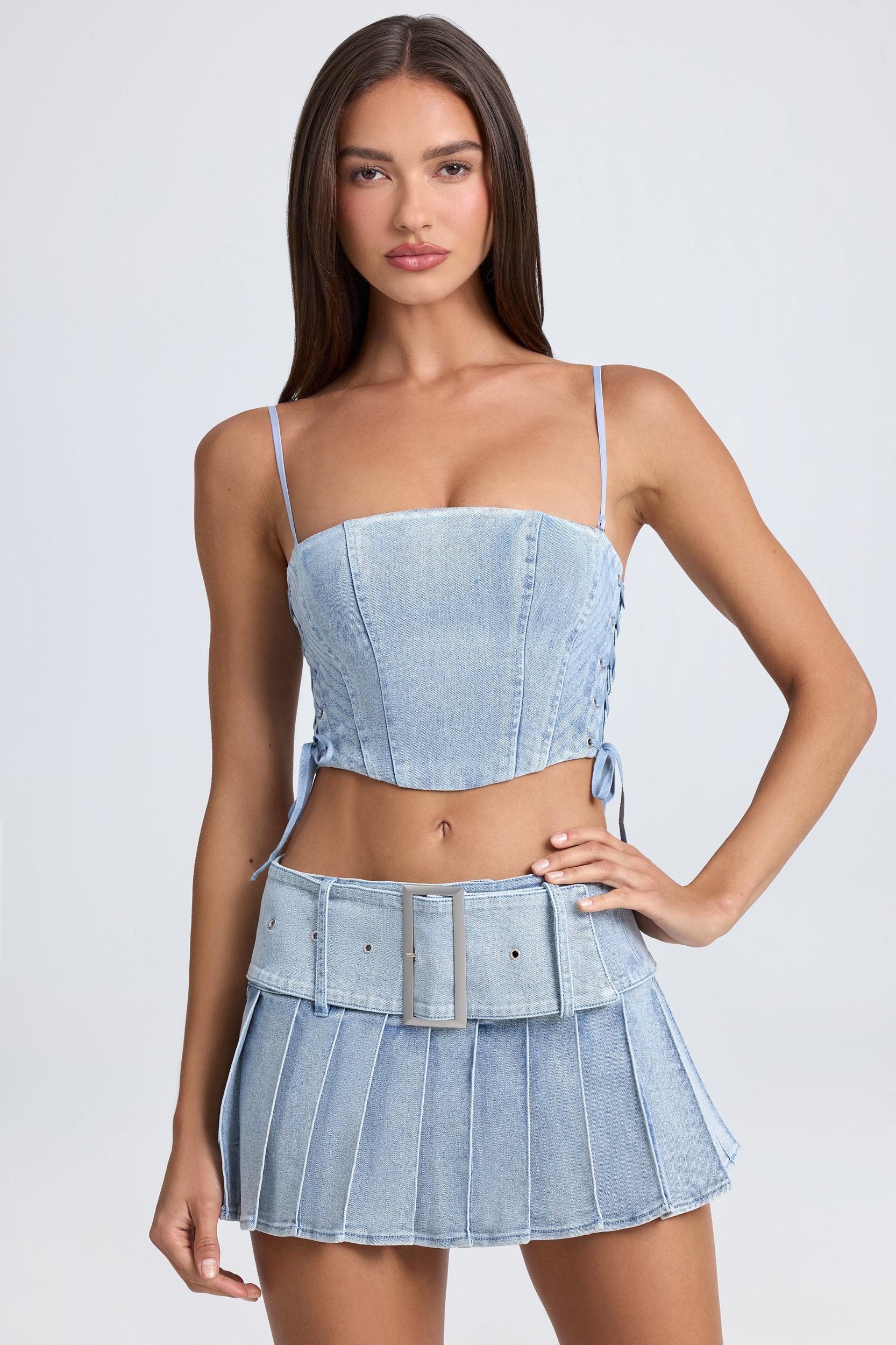 Bandeau Lace-Up Corset Crop Top in Light Blue Stonewash Product Image