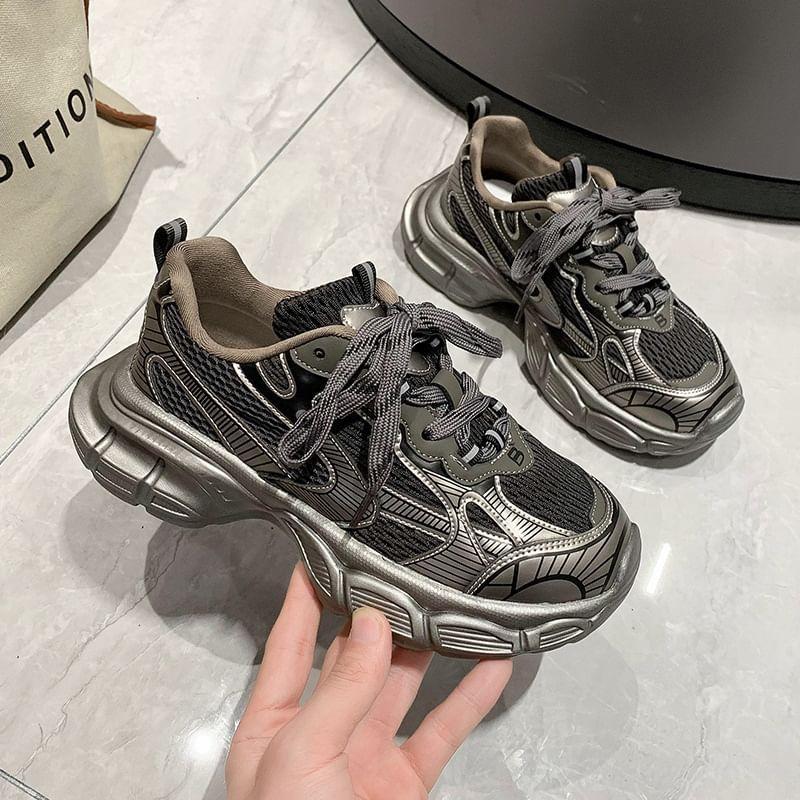 Platform Mesh Panel Lace-Up Faux Leather Sneakers Product Image