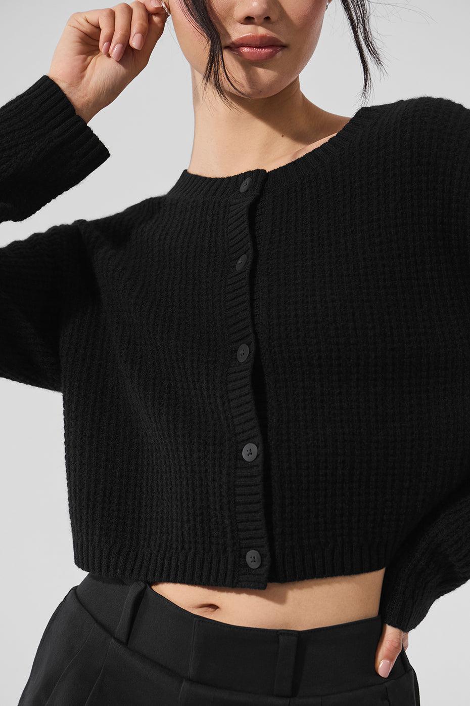 Cashmere Plush Waffle Cardigan - Black Product Image