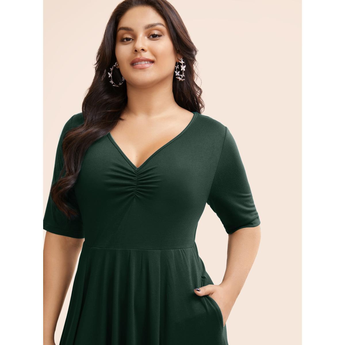 Plus Size Solid Ruched Pocket Asymmetrical Hem Dress Cerulean Women Elegant Gathered V-neck Short sleeve Curvy Midi Dress BloomChic 28/5X Product Image