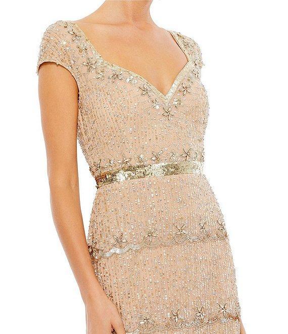 Mac Duggal Sweetheart Neck Cap Sleeve Teired Sequin Column Gown Product Image