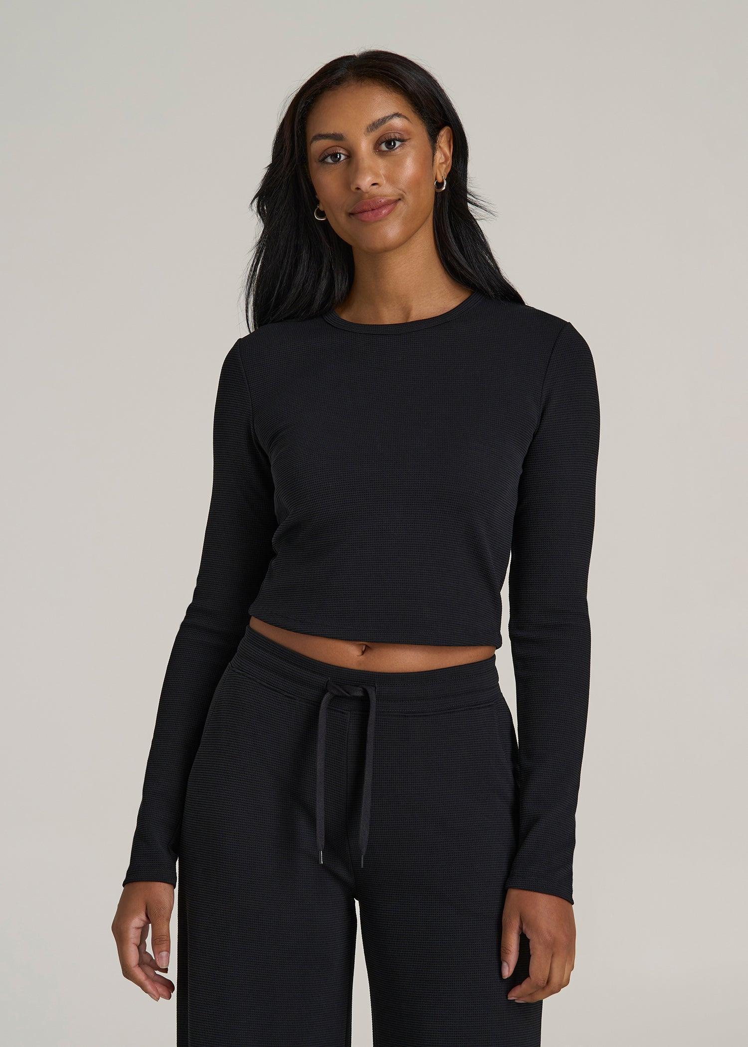 Cropped Long Sleeve Waffle Shirt for Tall Women in Black Female Product Image