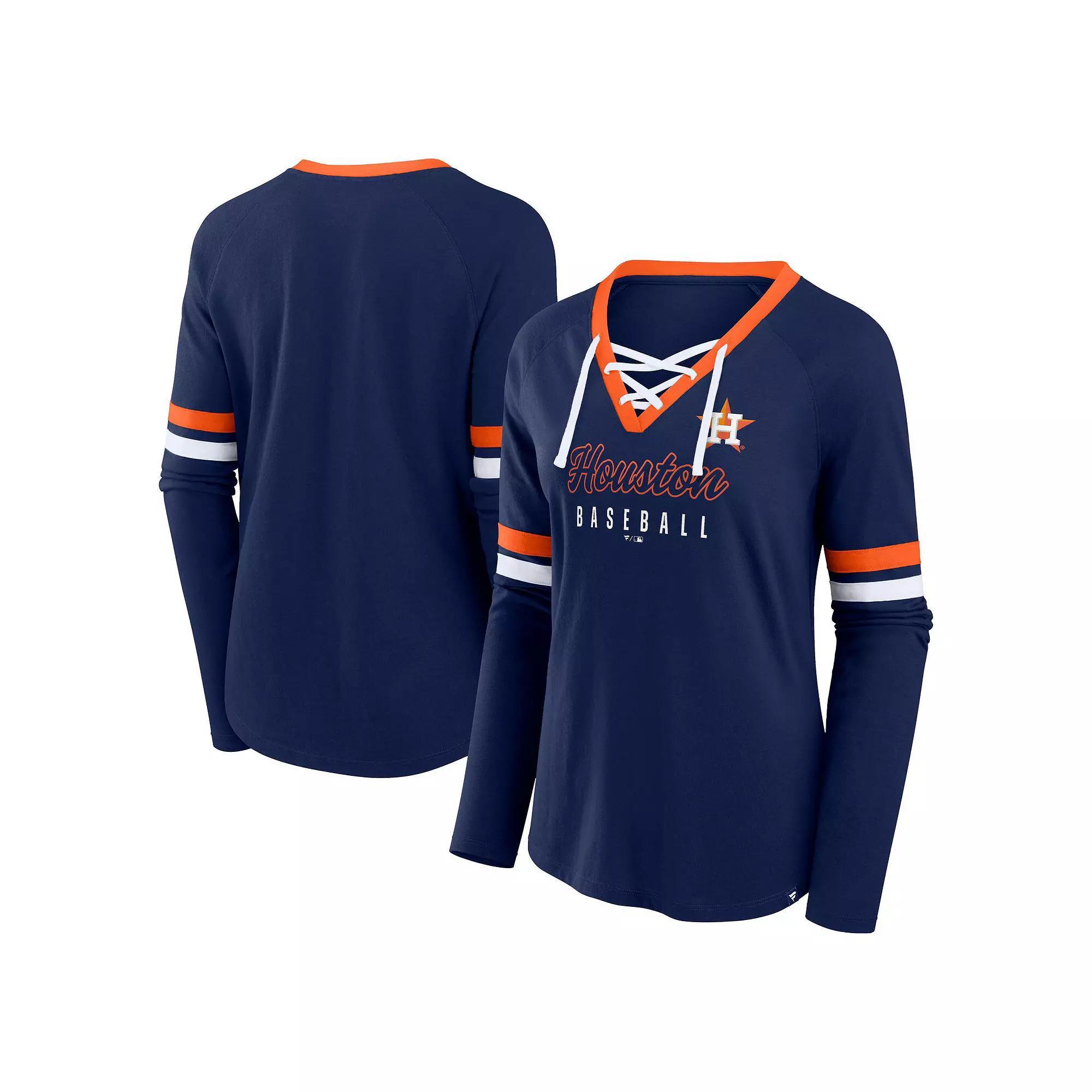 Women's Fanatics Navy Atlanta Braves Won & Done Raglan Lace-Up Long Sleeve T-Shirt,  Product Image