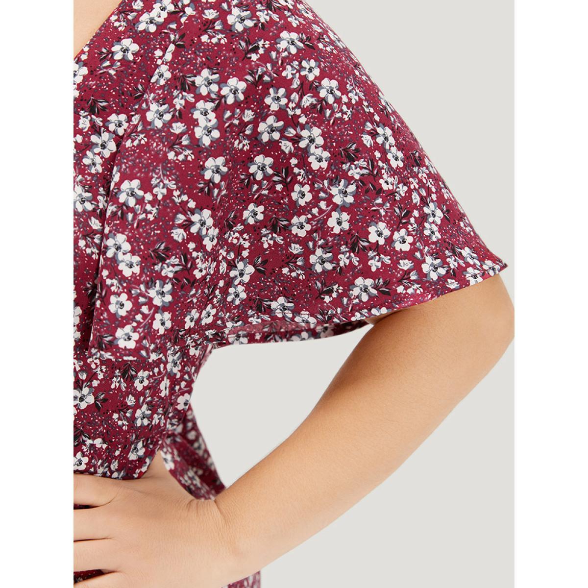 Plus Size Ditsy Floral Pocket Drawstring Ruched Flutter Sleeve Dress Scarlet Women Elegant Printed Square Neck Short sleeve Curvy Midi Dress BloomChic 26/4X Product Image