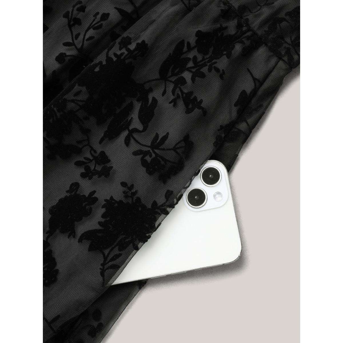 Plus Size Sheer Textured Waist-Cinched Midi Dress Black Women Elegant Texture V-neck Elbow-length sleeve Curvy BloomChic 30/6X Product Image