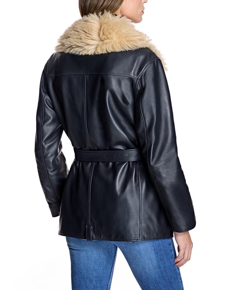 Leather Belted Moto Jacket with Detachable Lamb Collar-Maximilian Product Image