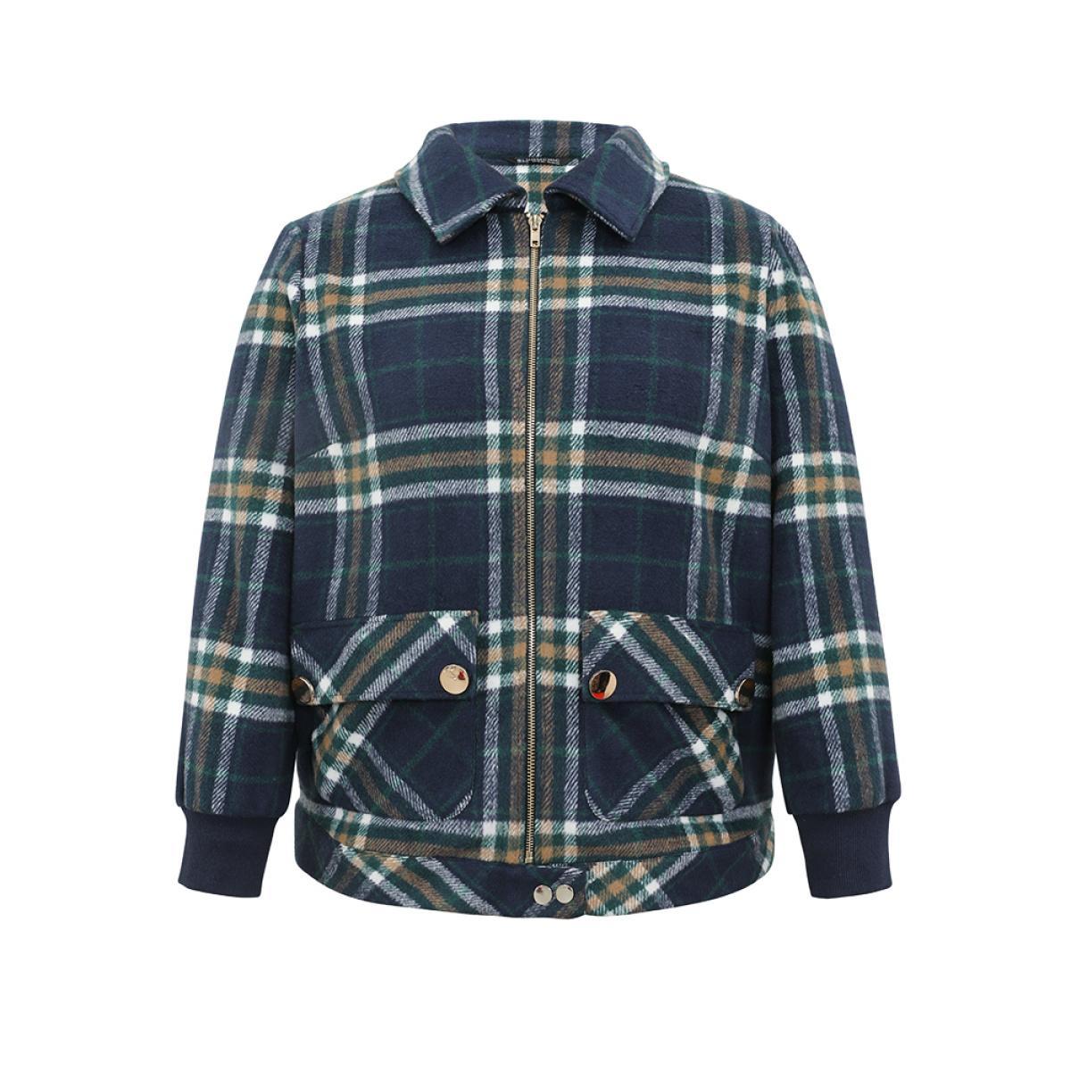 Plus Size Plaid Button Detail Pocket Zipper Jacket Women Multicolor Zipper Pocket Dailywear Jackets BloomChic 12/L Product Image