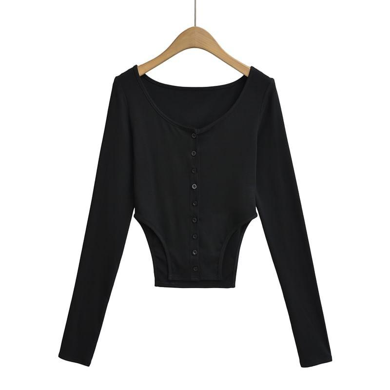 Long-Sleeve Scoop Neck Plain Asymmetrical T-Shirt Product Image