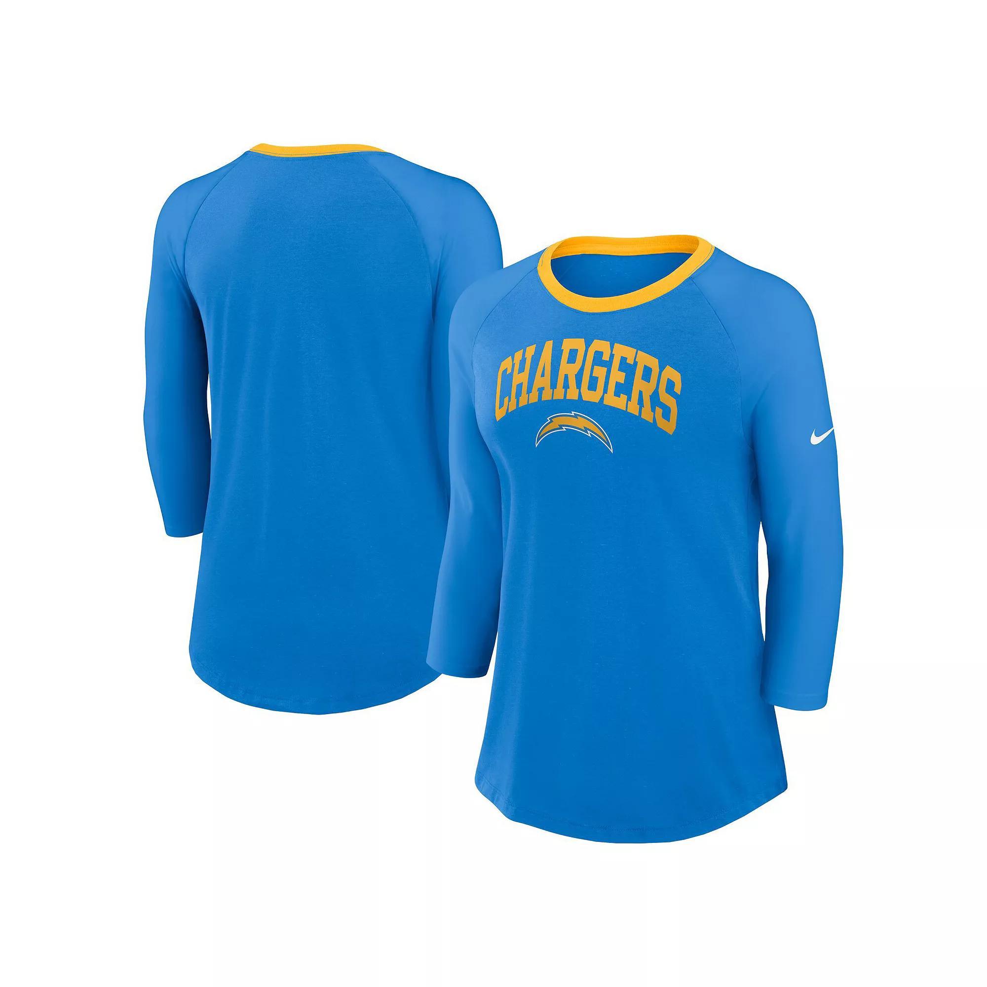 Women's Nike Powder Blue Los Angeles Chargers Raglan 3/4 Sleeve T-Shirt,  Product Image