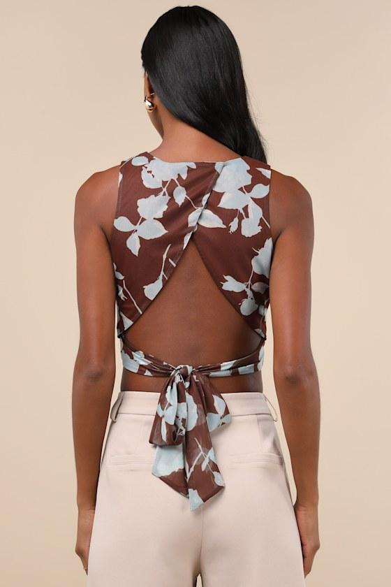 Coveted Essence Brown Floral Mesh Cutout Tie-Back Crop Tank Top Product Image